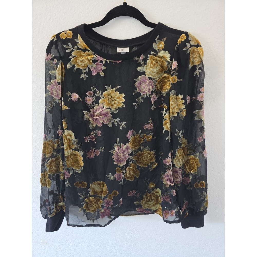 a new day top black sheer velvet burnout size small long sleeve